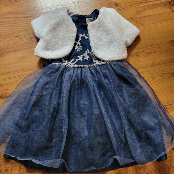 Embroidered Tulle Dress with Faux Fur White Shrug - Picture 2 of 8